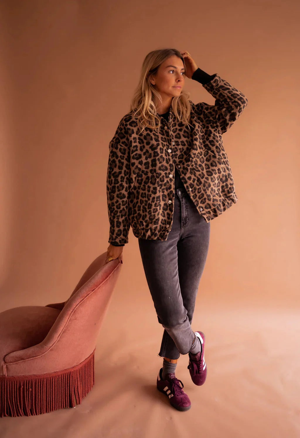 Leopard Print Bomber Jacket Snap Button Women