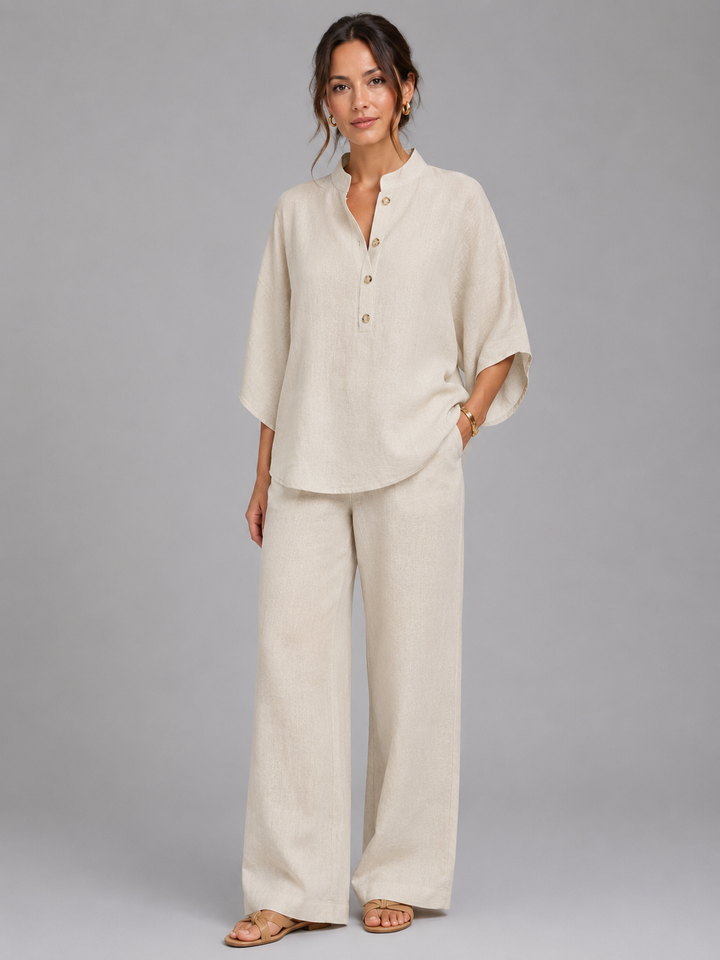 Women Linen Blend Two Piece Set Wide Leg Relaxed Fit