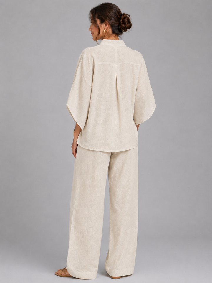 Women Linen Blend Two Piece Set Wide Leg Relaxed Fit