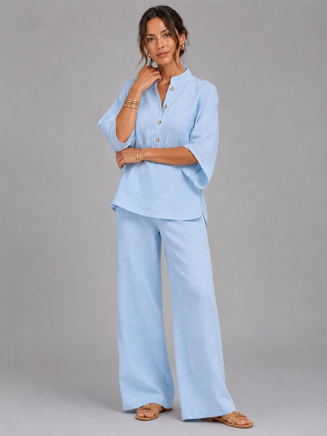 Women Linen Blend Two Piece Set Wide Leg Relaxed Fit