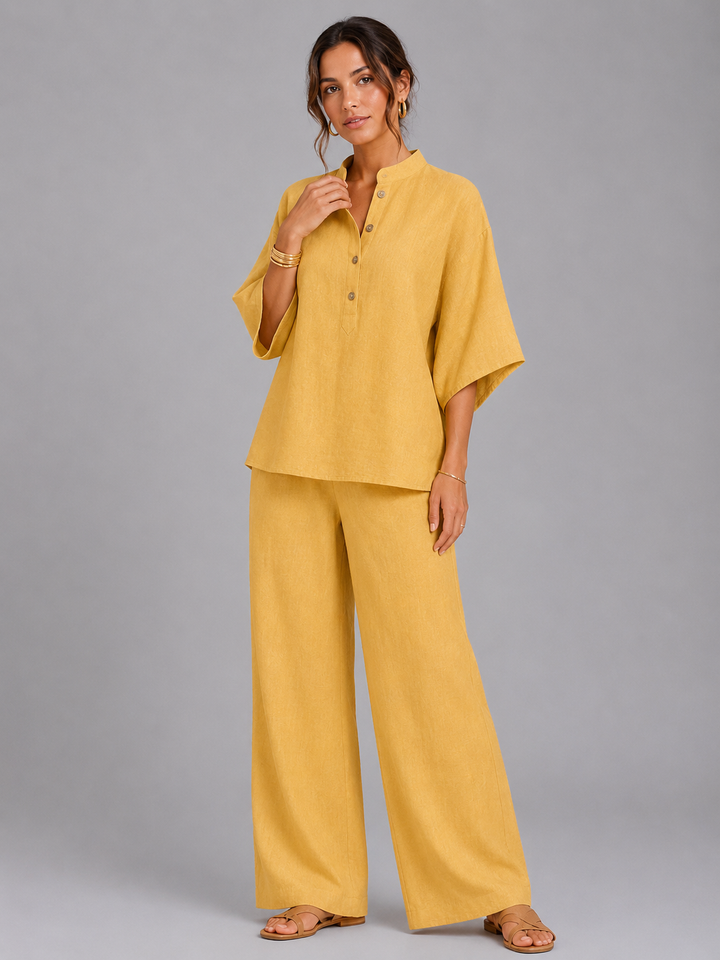 Women Linen Blend Two Piece Set Wide Leg Relaxed Fit
