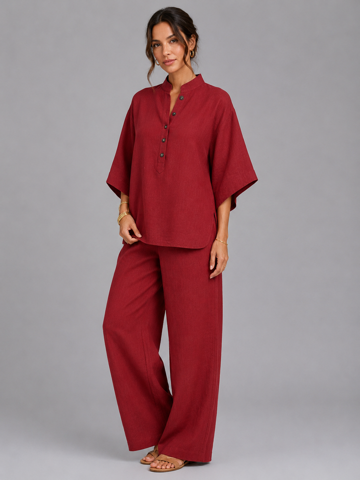 Women Linen Blend Two Piece Set Wide Leg Relaxed Fit