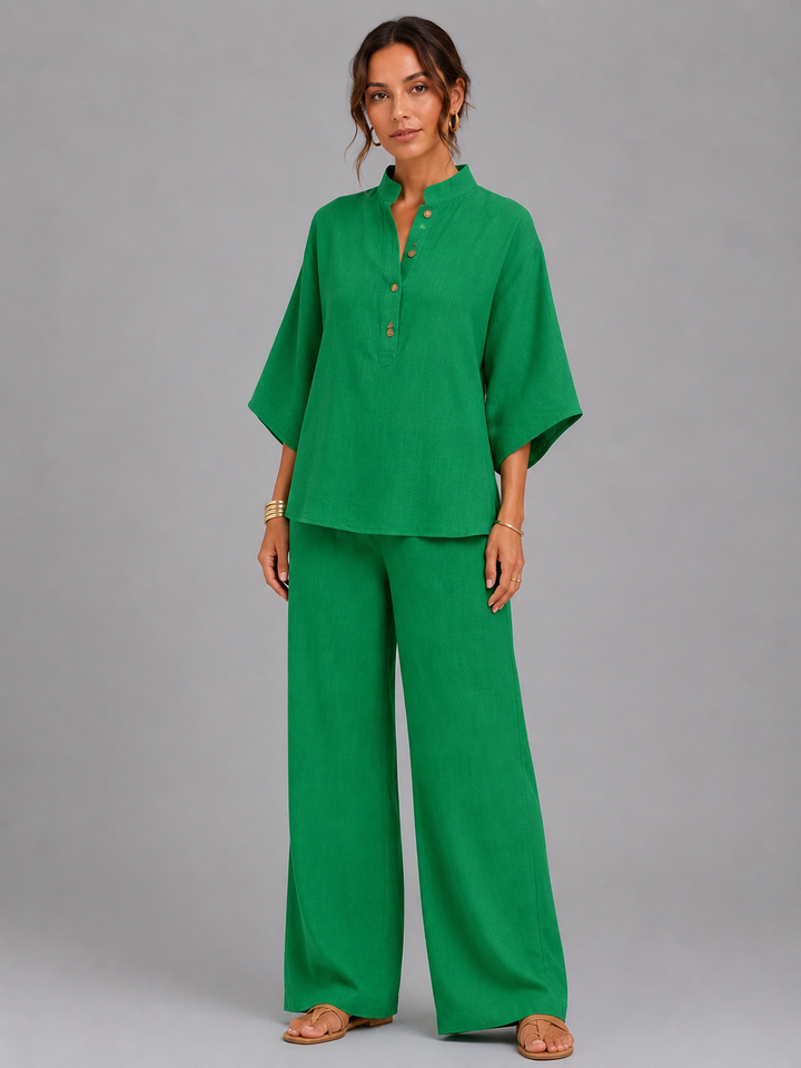 Women Linen Blend Two Piece Set Wide Leg Relaxed Fit