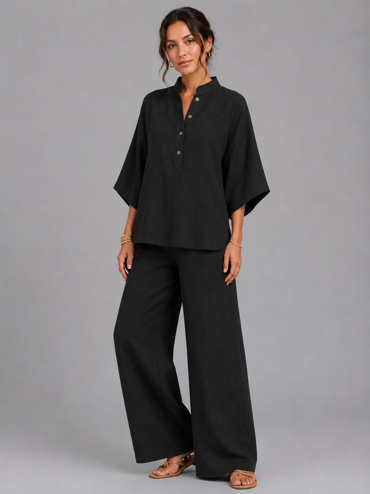 Women Linen Blend Two Piece Set Wide Leg Relaxed Fit