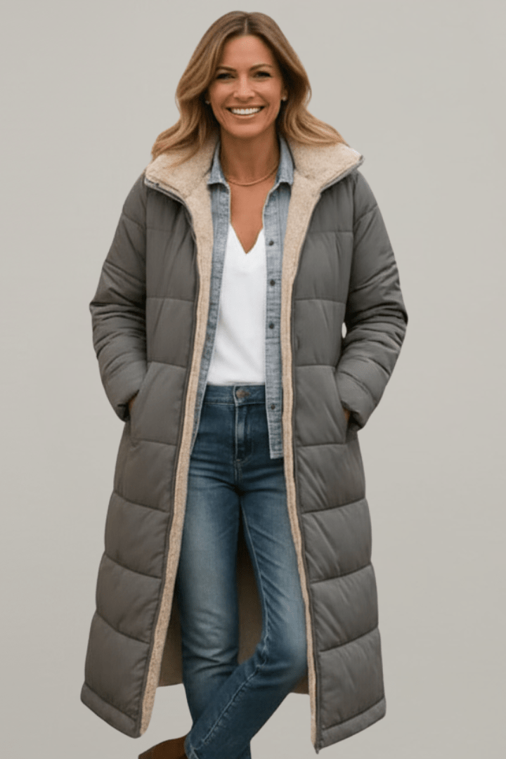 Women Longline Quilted Puffer Coat Sherpa Lined Hooded