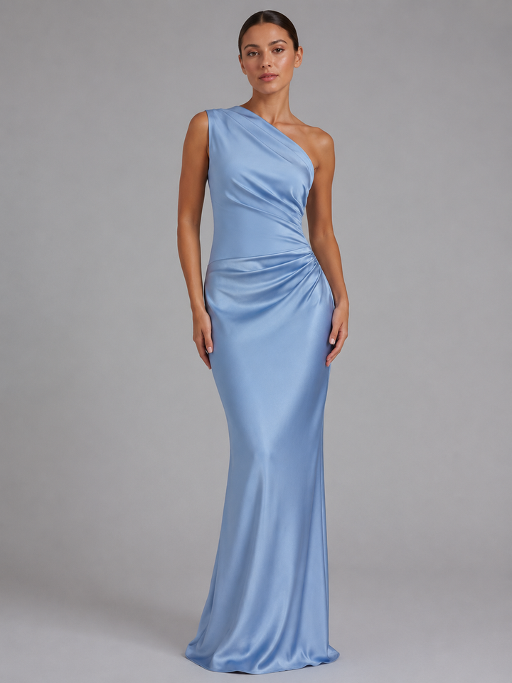 Womens One Shoulder Satin Maxi Dress Wedding Guest