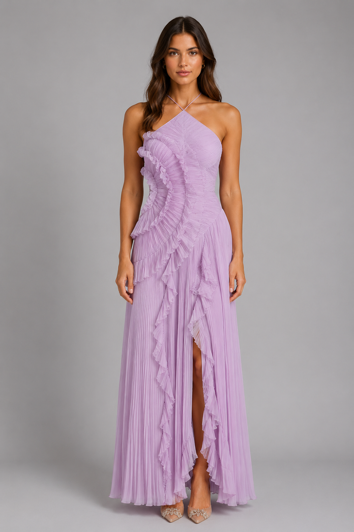 Womens Pleated Ruffle Halter Maxi Dress Elegant