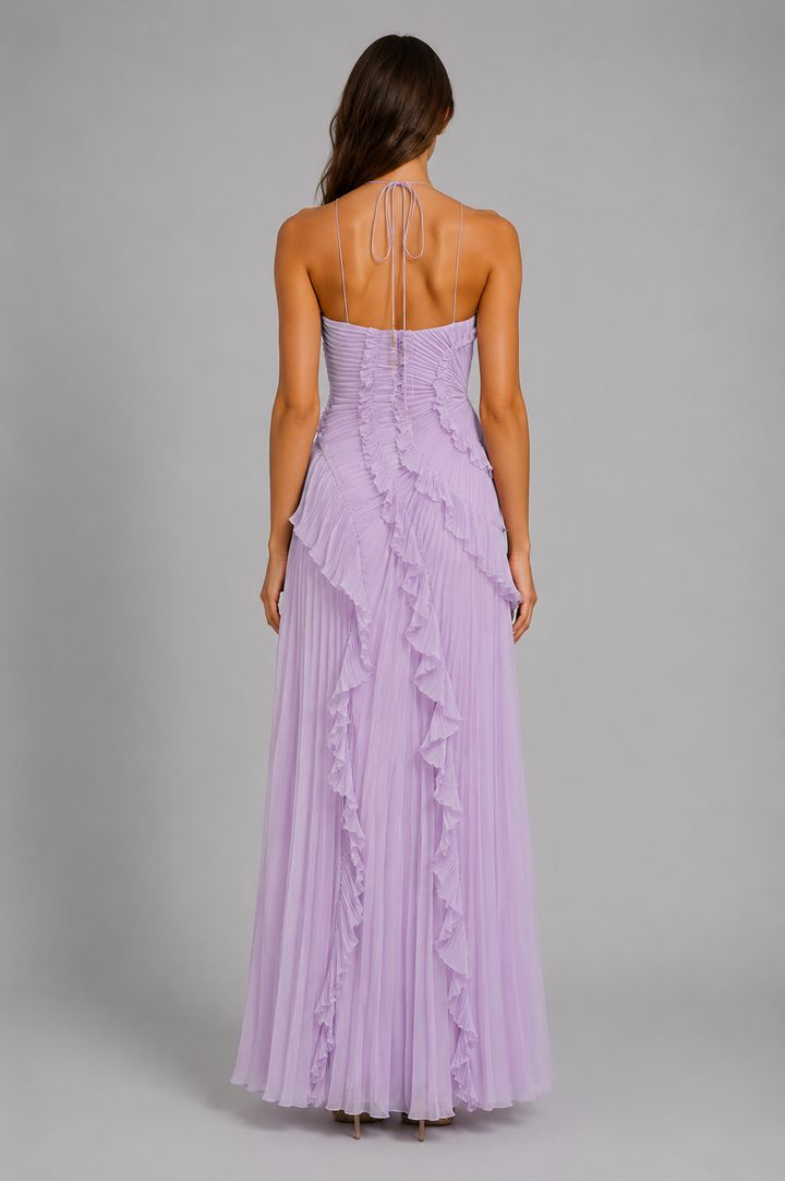 Womens Pleated Ruffle Halter Maxi Dress Elegant
