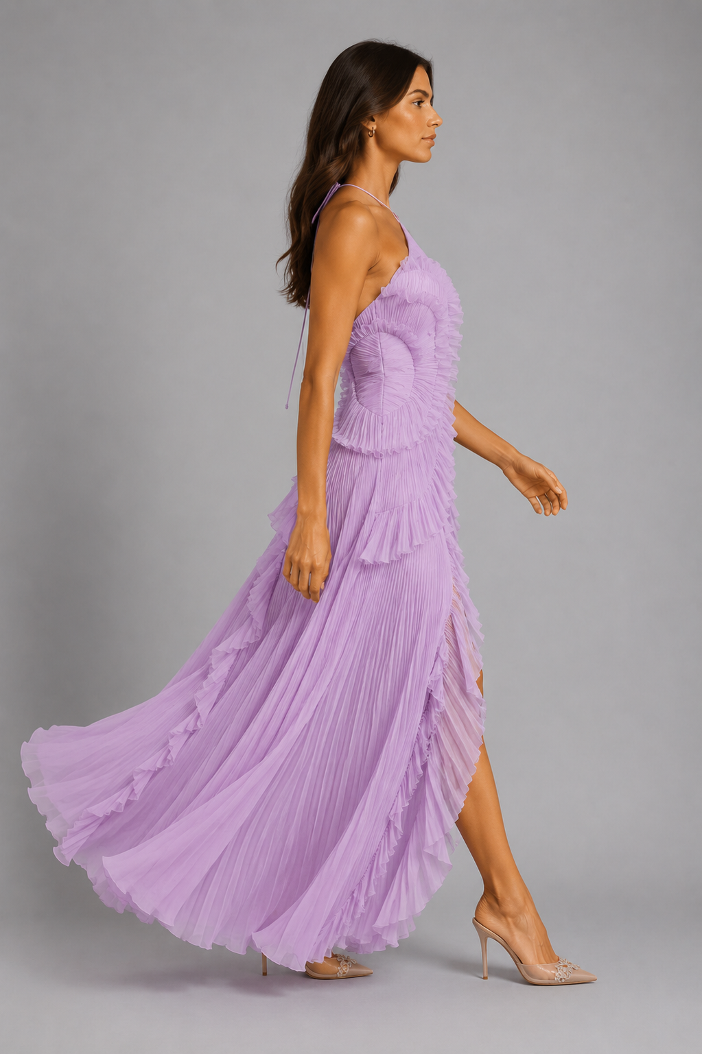 Womens Pleated Ruffle Halter Maxi Dress Elegant