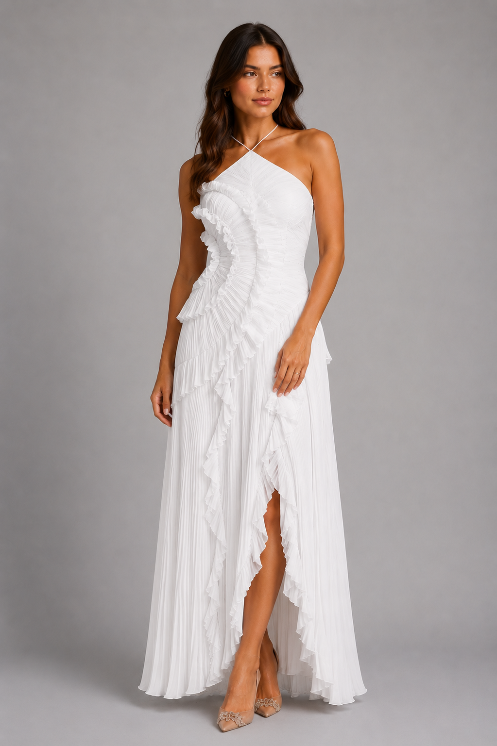 Womens Pleated Ruffle Halter Maxi Dress Elegant