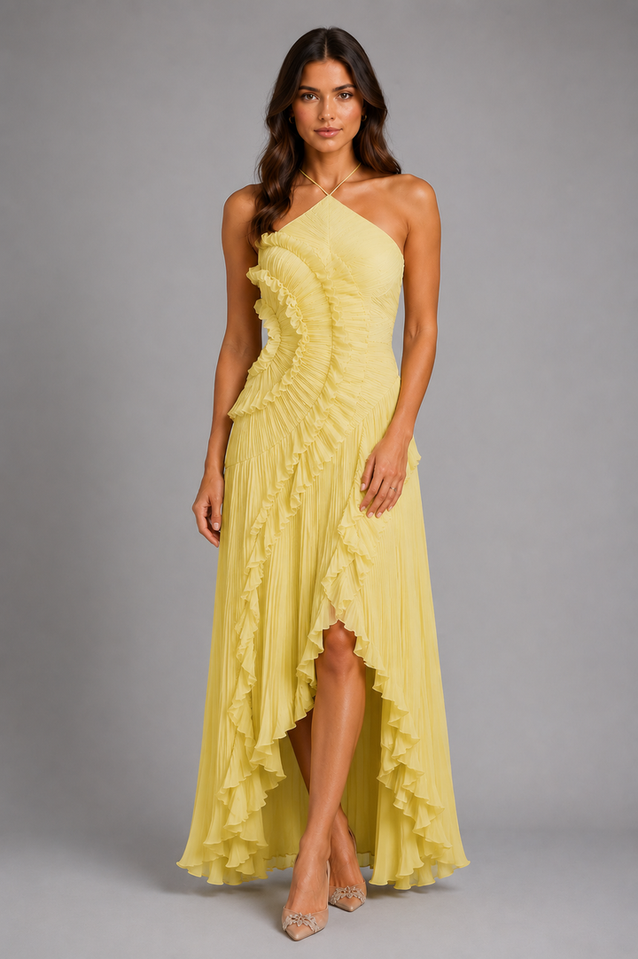 Womens Pleated Ruffle Halter Maxi Dress Elegant