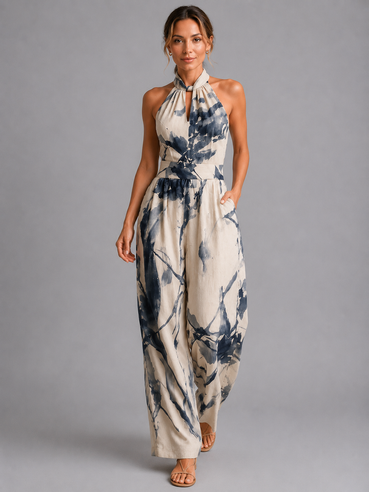 Printed Wide Leg Jumpsuit Halter Relaxed Fit Women