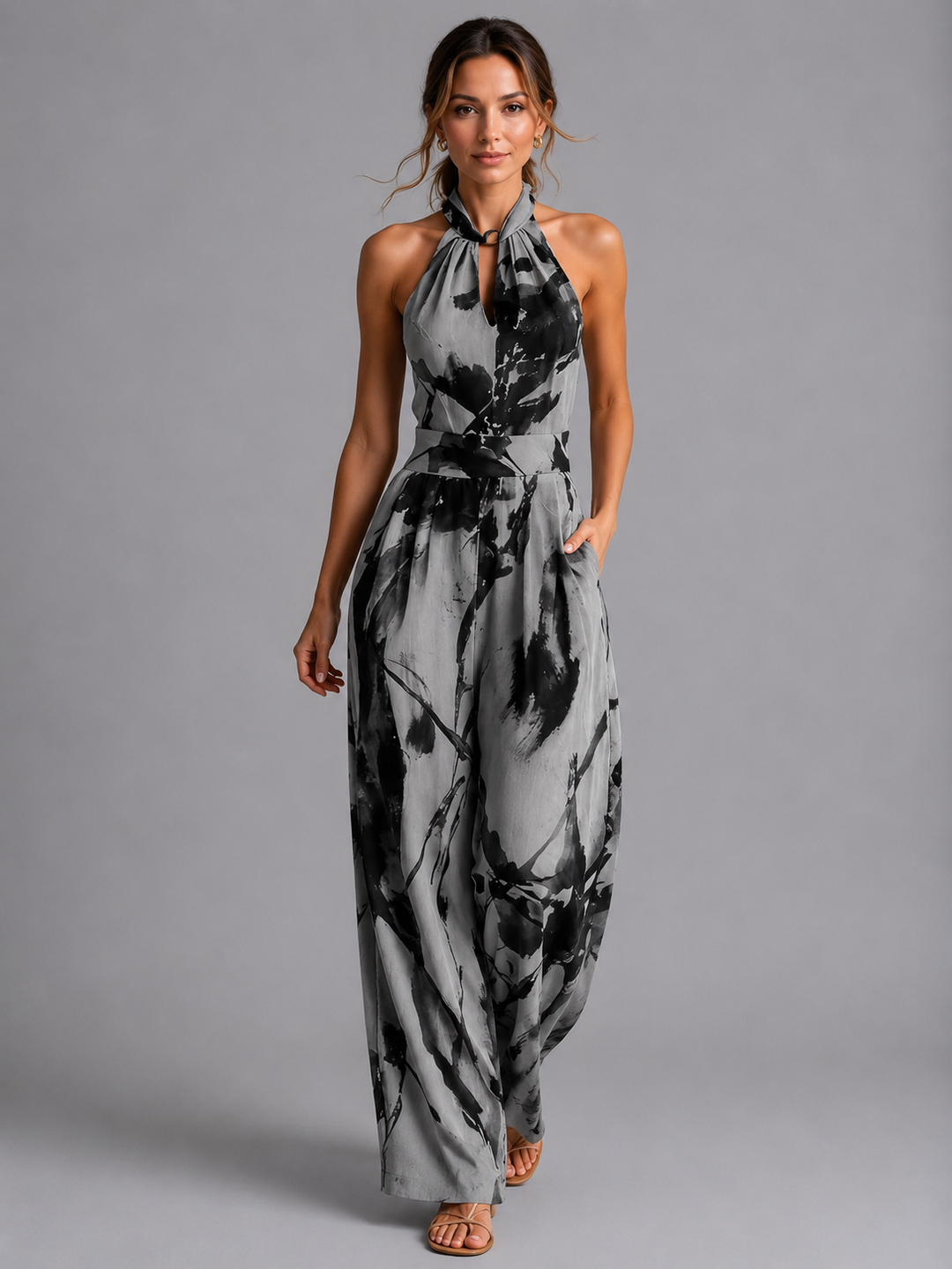 Printed Wide Leg Jumpsuit Halter Relaxed Fit Women