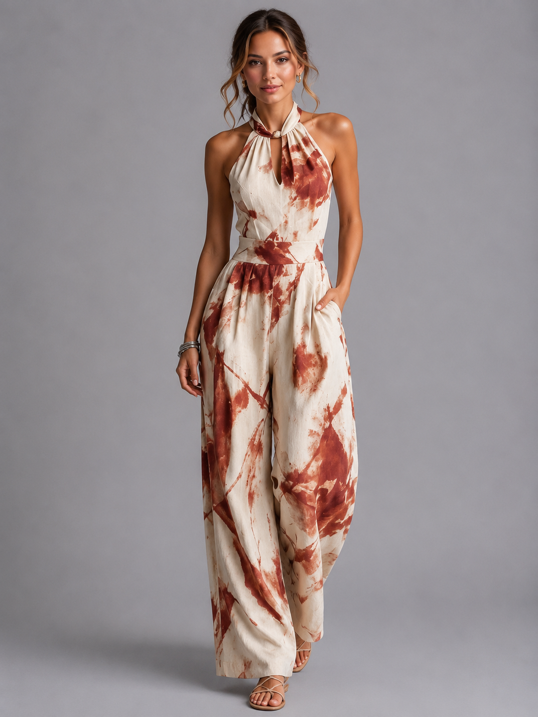 Printed Wide Leg Jumpsuit Halter Relaxed Fit Women