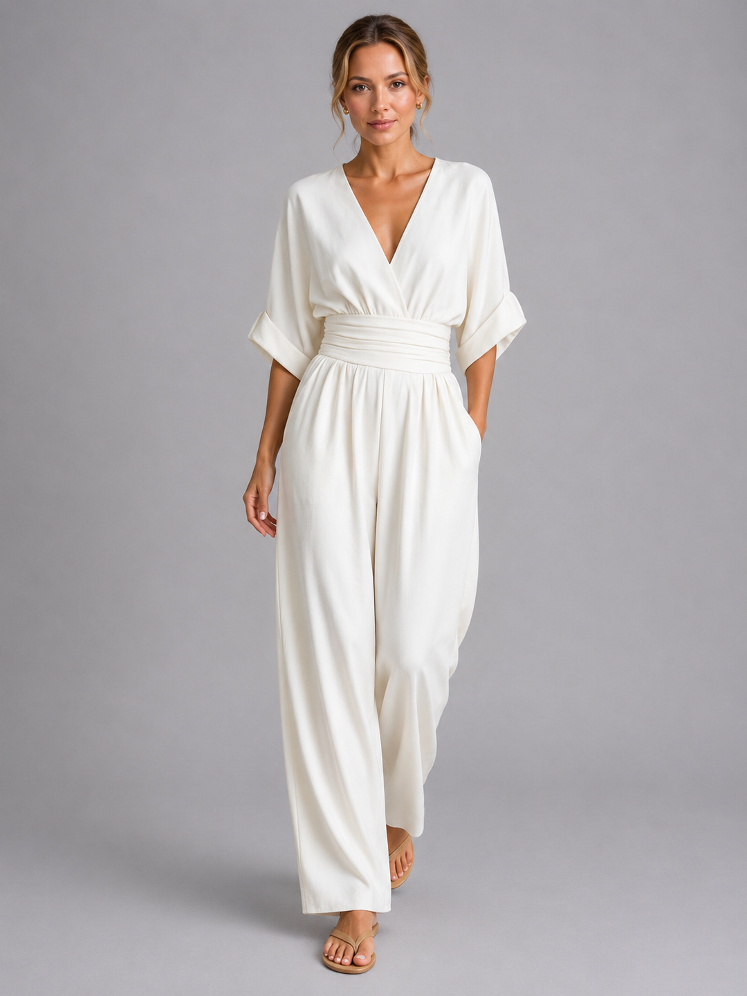 Women Wide Leg Jumpsuit Relaxed Fit Cinched Waist