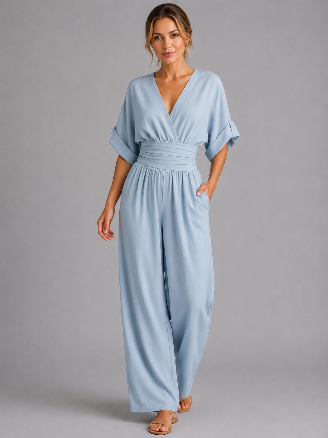 Women Wide Leg Jumpsuit Relaxed Fit Cinched Waist