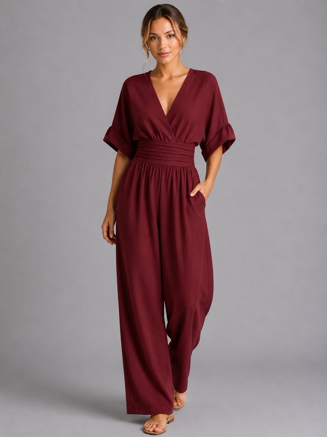Women Wide Leg Jumpsuit Relaxed Fit Cinched Waist
