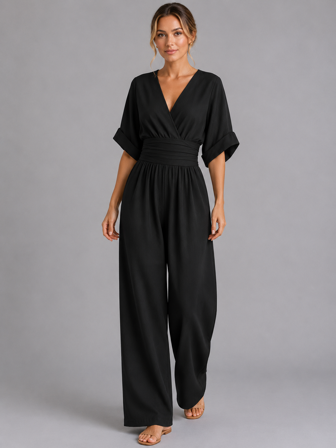 Women Wide Leg Jumpsuit Relaxed Fit Cinched Waist