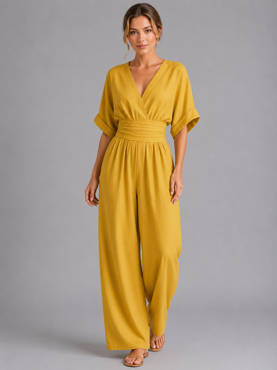 Women Wide Leg Jumpsuit Relaxed Fit Cinched Waist