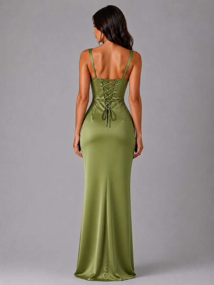 Womens Satin Ruched Waist Maxi Dress Olive Green