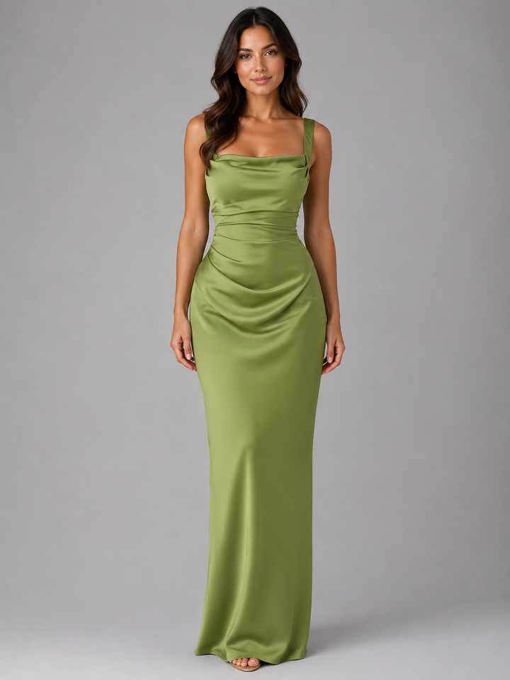 Womens Satin Ruched Waist Maxi Dress Olive Green