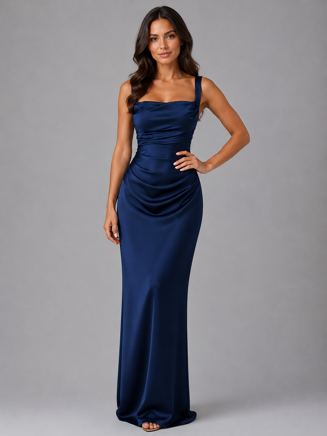 Women Satin Ruched Waist Maxi Dress Olive Green