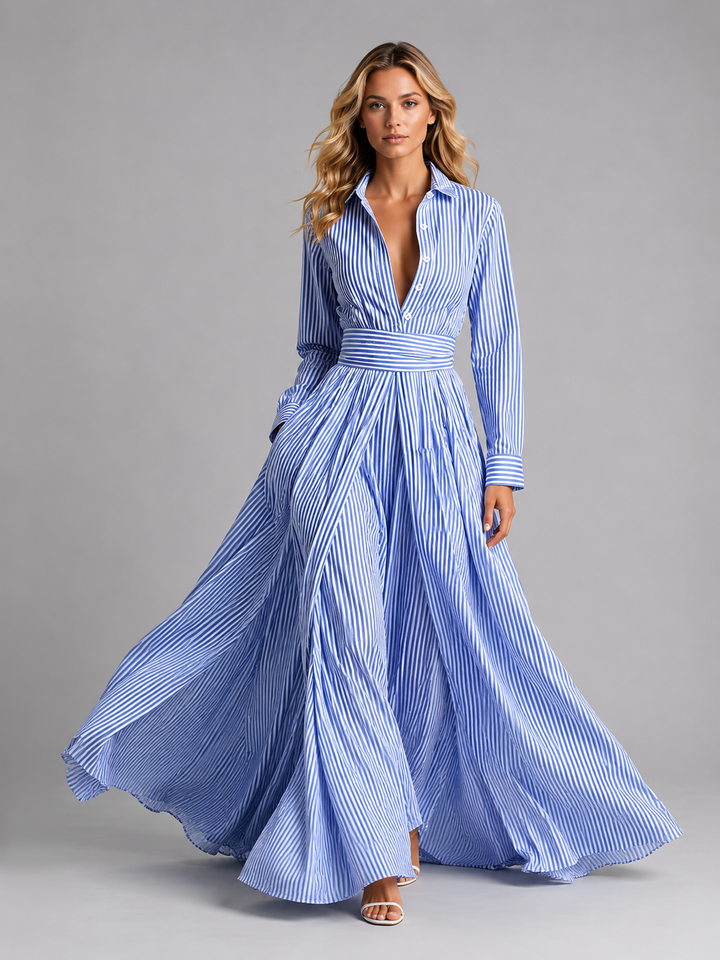 Women Cotton Striped Maxi Dress Cinched Waist Flowing