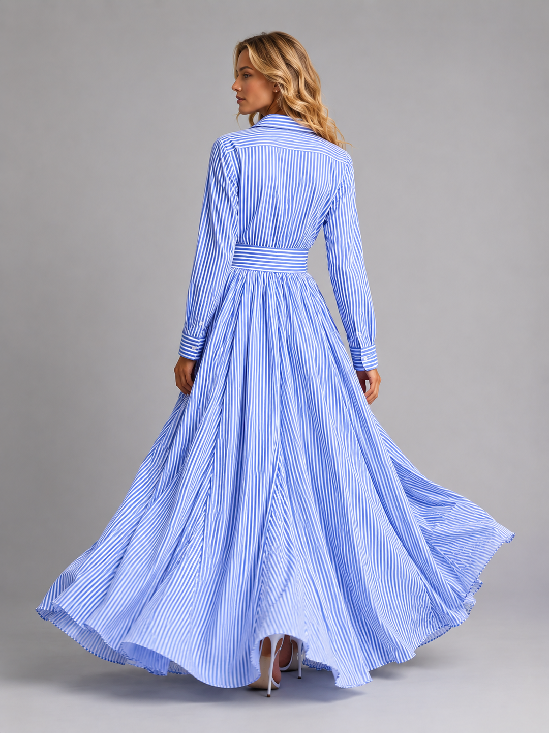 Women Cotton Striped Maxi Dress Cinched Waist Flowing