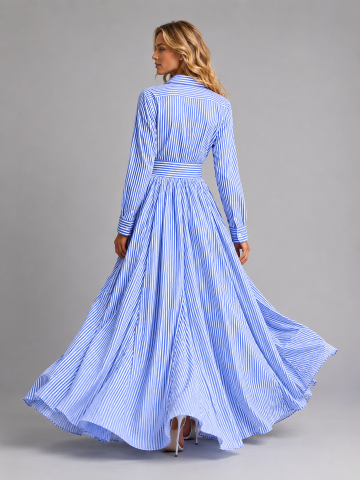 Women Cotton Striped Maxi Dress Cinched Waist Flowing