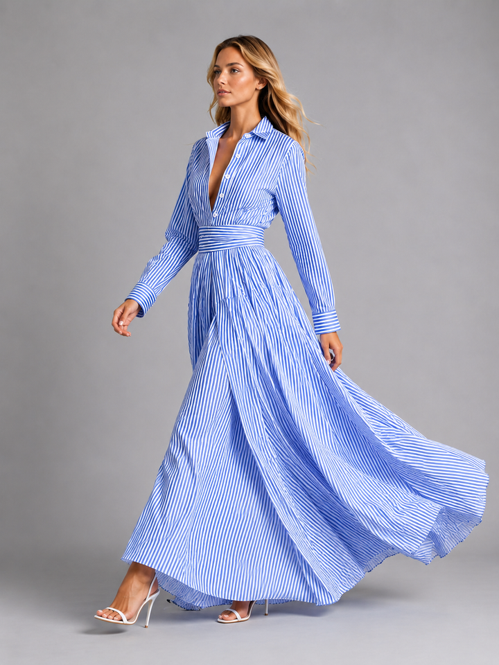 Women Cotton Striped Maxi Dress Cinched Waist Flowing