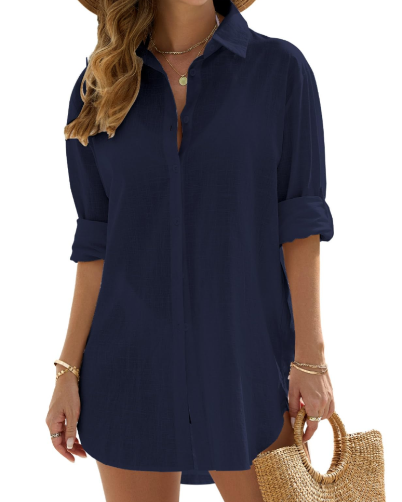 Womens Long Beach Cover Up Shirt Lightweight Linen Style