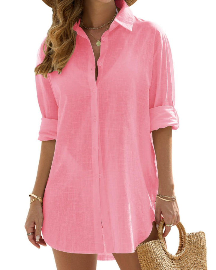 Womens Long Beach Cover Up Shirt Lightweight Linen Style