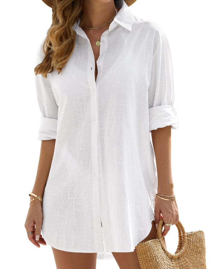 Womens Long Beach Cover Up Shirt Lightweight Linen Style