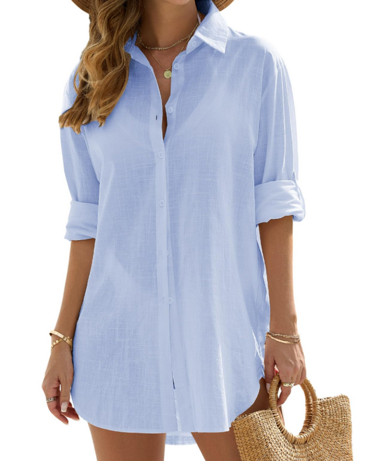 Womens Long Beach Cover Up Shirt Lightweight Linen Style
