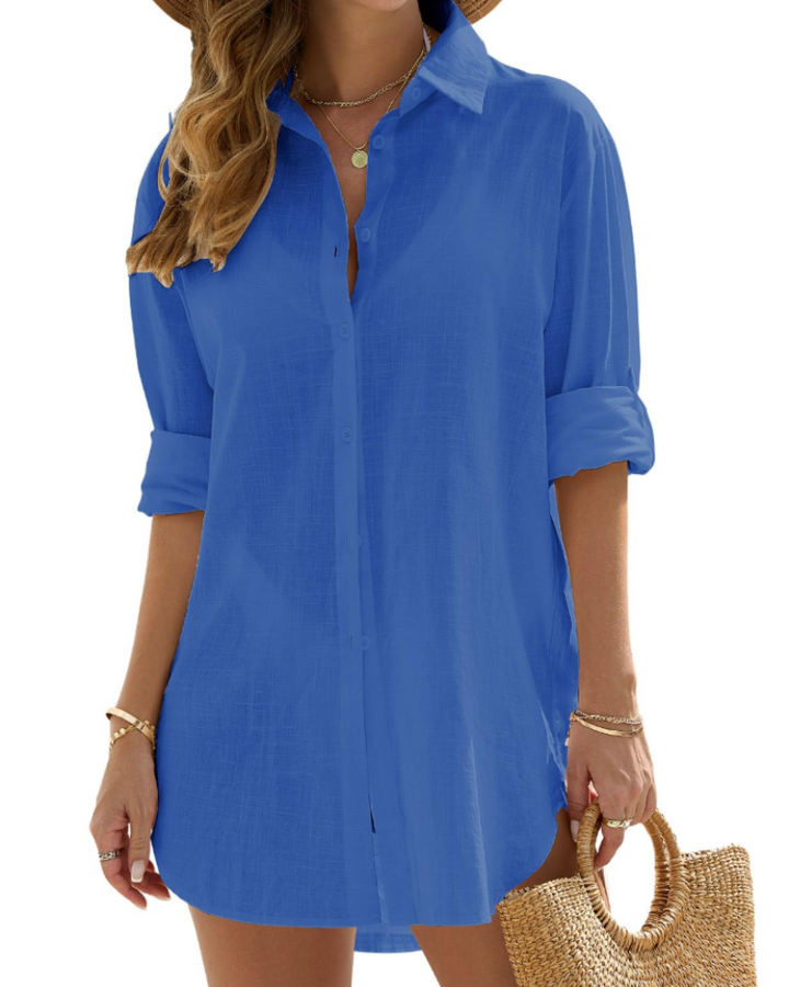 Womens Long Beach Cover Up Shirt Lightweight Linen Style