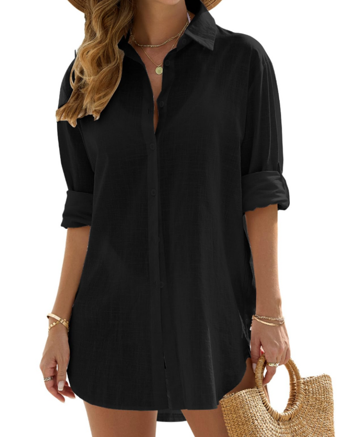 Womens Long Beach Cover Up Shirt Lightweight Linen Style