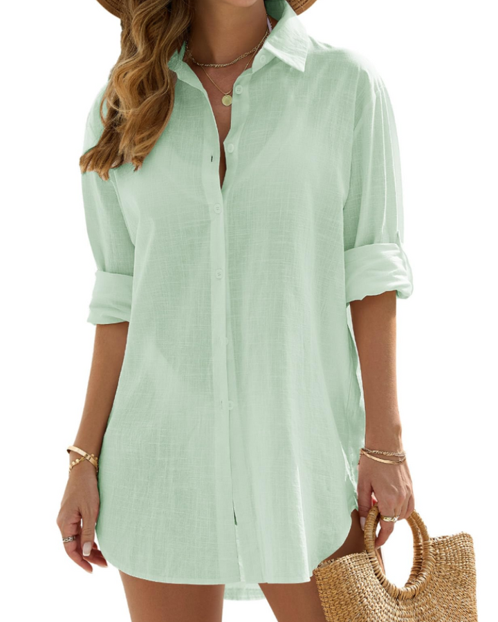 Womens Long Beach Cover Up Shirt Lightweight Linen Style