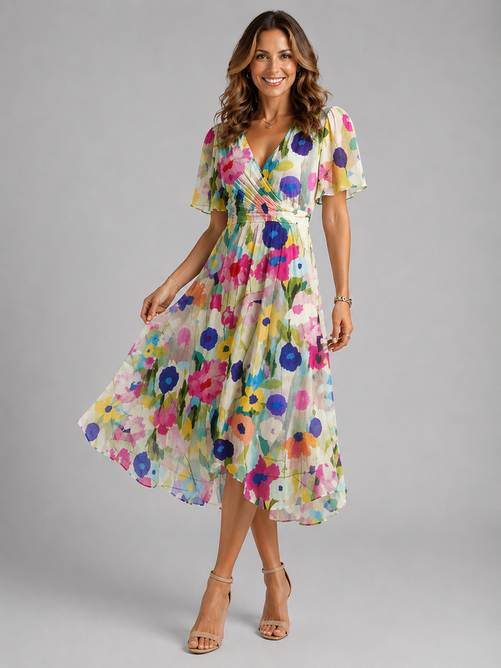 Womens V Neck Midi Summer Dress Flowy Lightweight