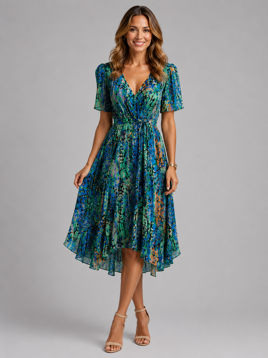 Womens V Neck Midi Summer Dress Flowy Lightweight