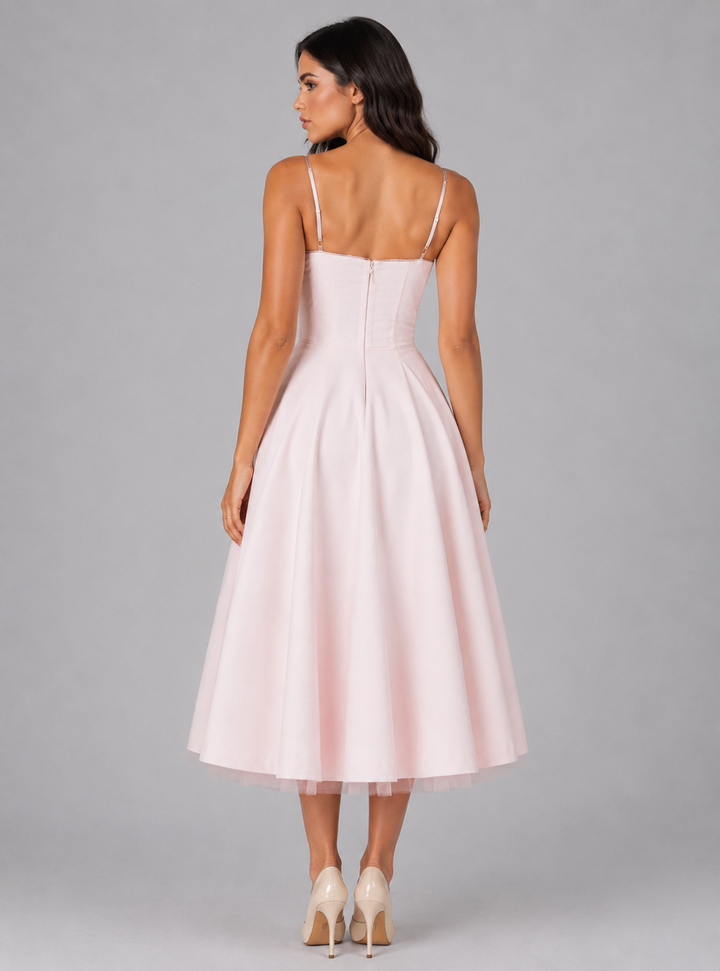 Women Corset Midi Dress Satin Full Skirt Formal