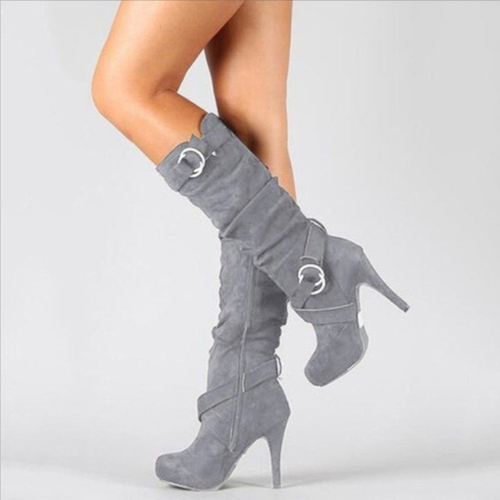 Suede Knee High Stiletto Boots Buckle Strap Women