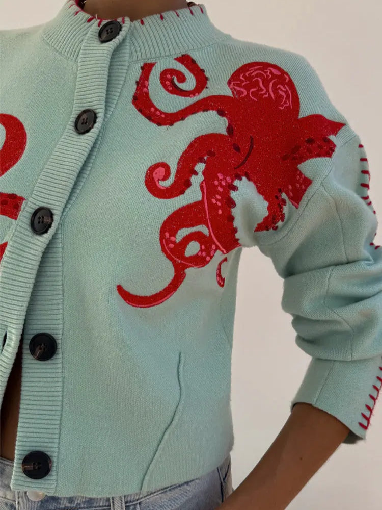 Women Graphic Knit Cardigan Octopus Print Light Green