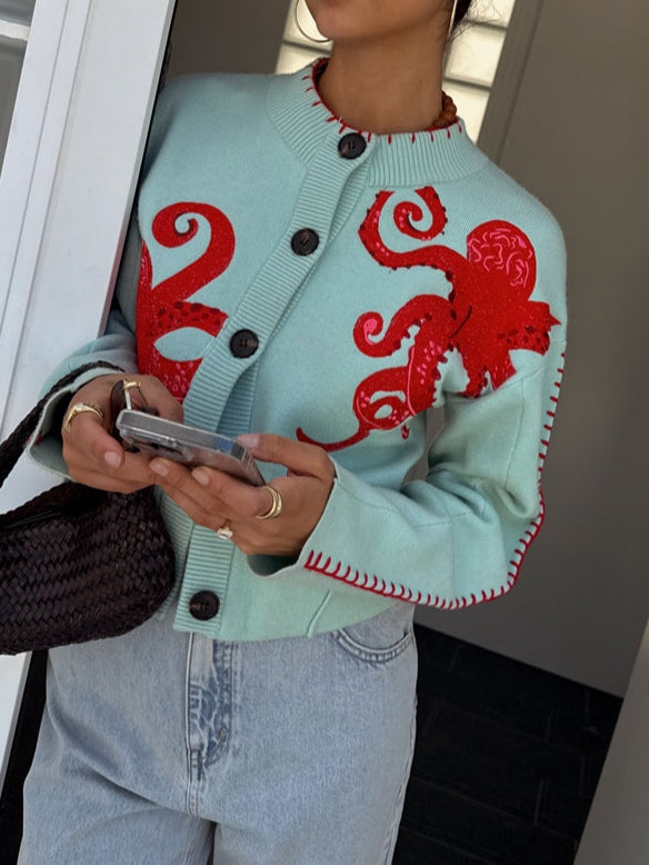 Women Graphic Knit Cardigan Octopus Print Light Green