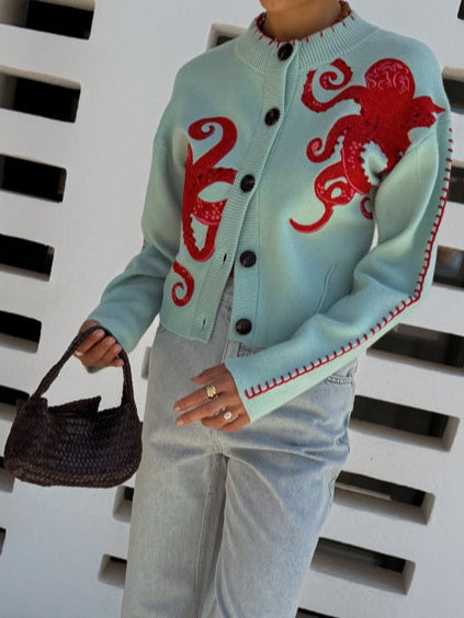 Women Graphic Knit Cardigan Octopus Print Light Green