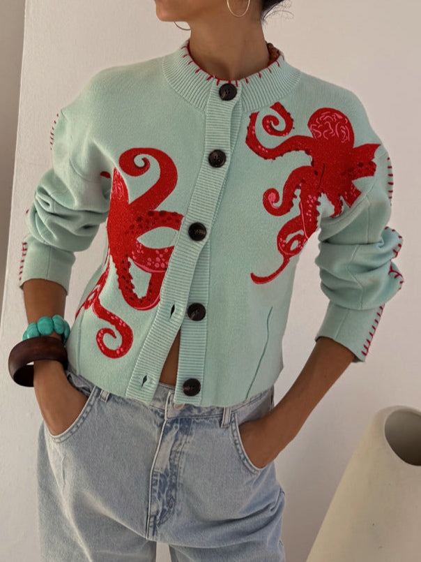 Women Graphic Knit Cardigan Octopus Print Light Green