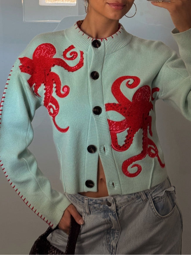 Women Graphic Knit Cardigan Octopus Print Light Green