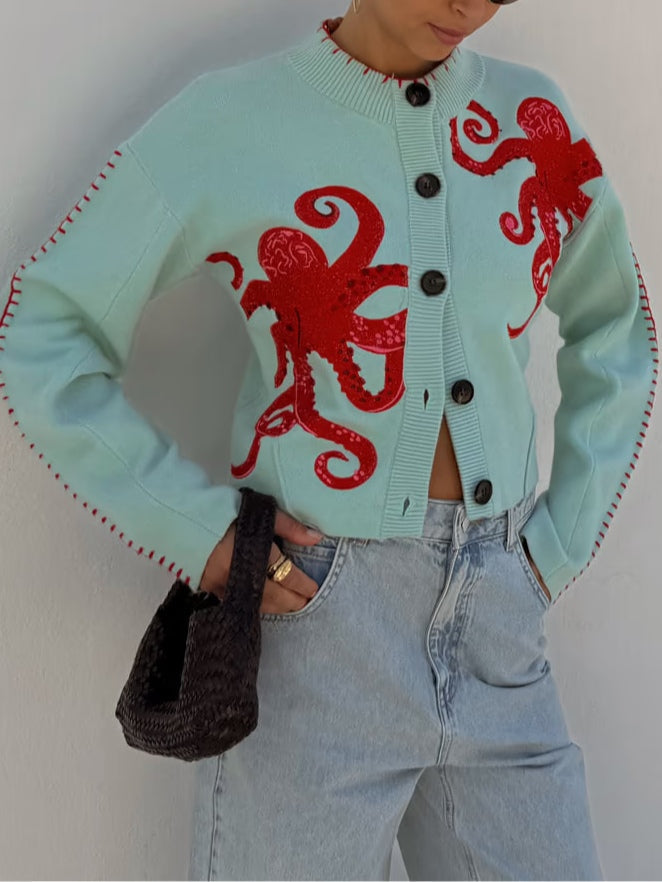 Women Graphic Knit Cardigan Octopus Print Light Green