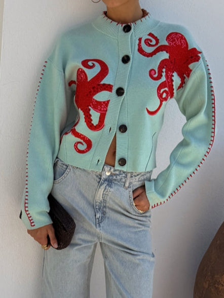 Women Graphic Knit Cardigan Octopus Print Light Green