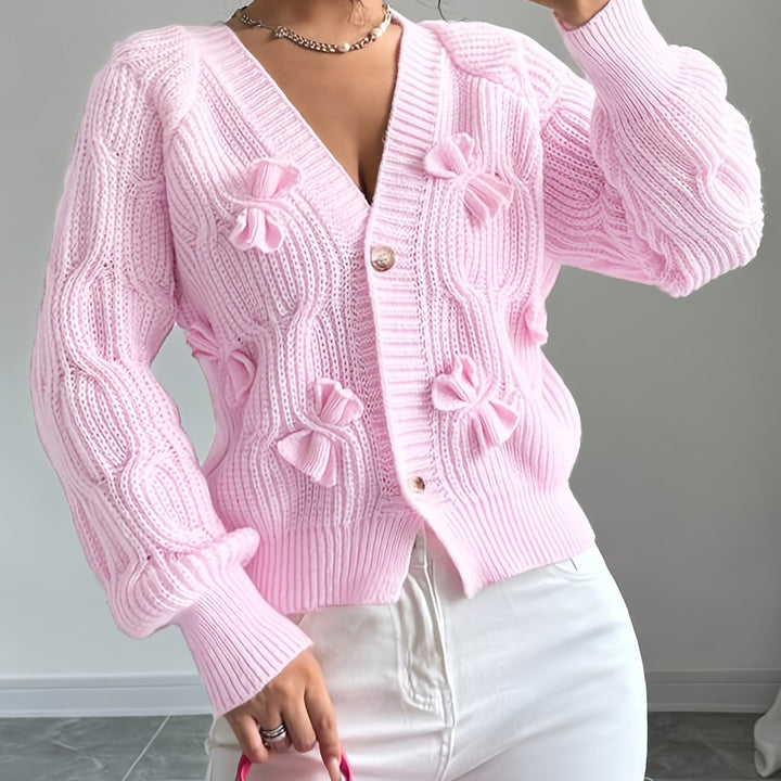 Women Cable Knit Bow Detail Cardigan Long Sleeve