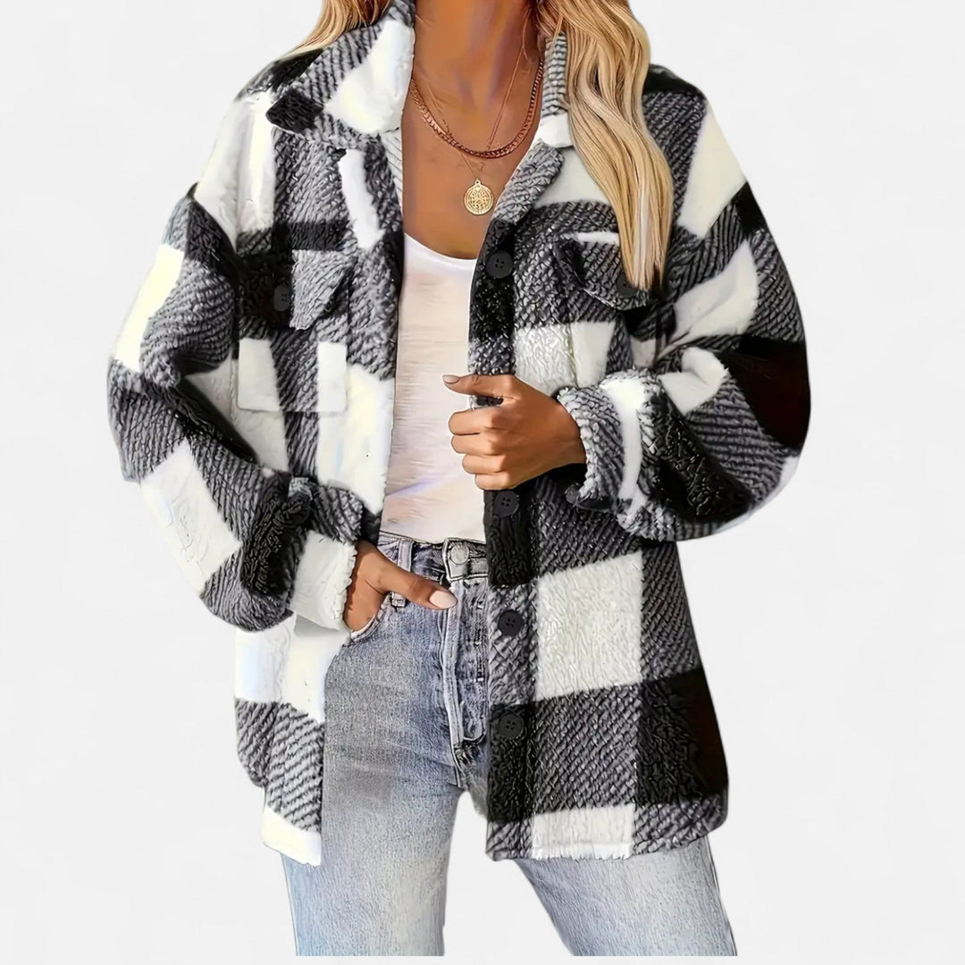 Women Sherpa Checkered Shirt Jacket Oversized
